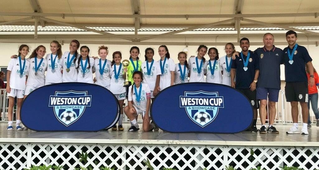 From left to right: Andie Hernandez, Rebecca Sampedro, Kelsey Figueras, Hanah Gonzalez, Andrea Jimenez, Ciara Coulombe, Ceci Pino, Gaby Paredes, Katy Puig, Carolina Monterrey, Amanda Andreus, Aggie Roque, Lauren Garcia, Alyssa Roca, Juliana Pineiro, Coco Aguilar (not shown), Coach Kevin Schwartman, Technical Director Coach Ish Roque, Head Coach Nico Roque